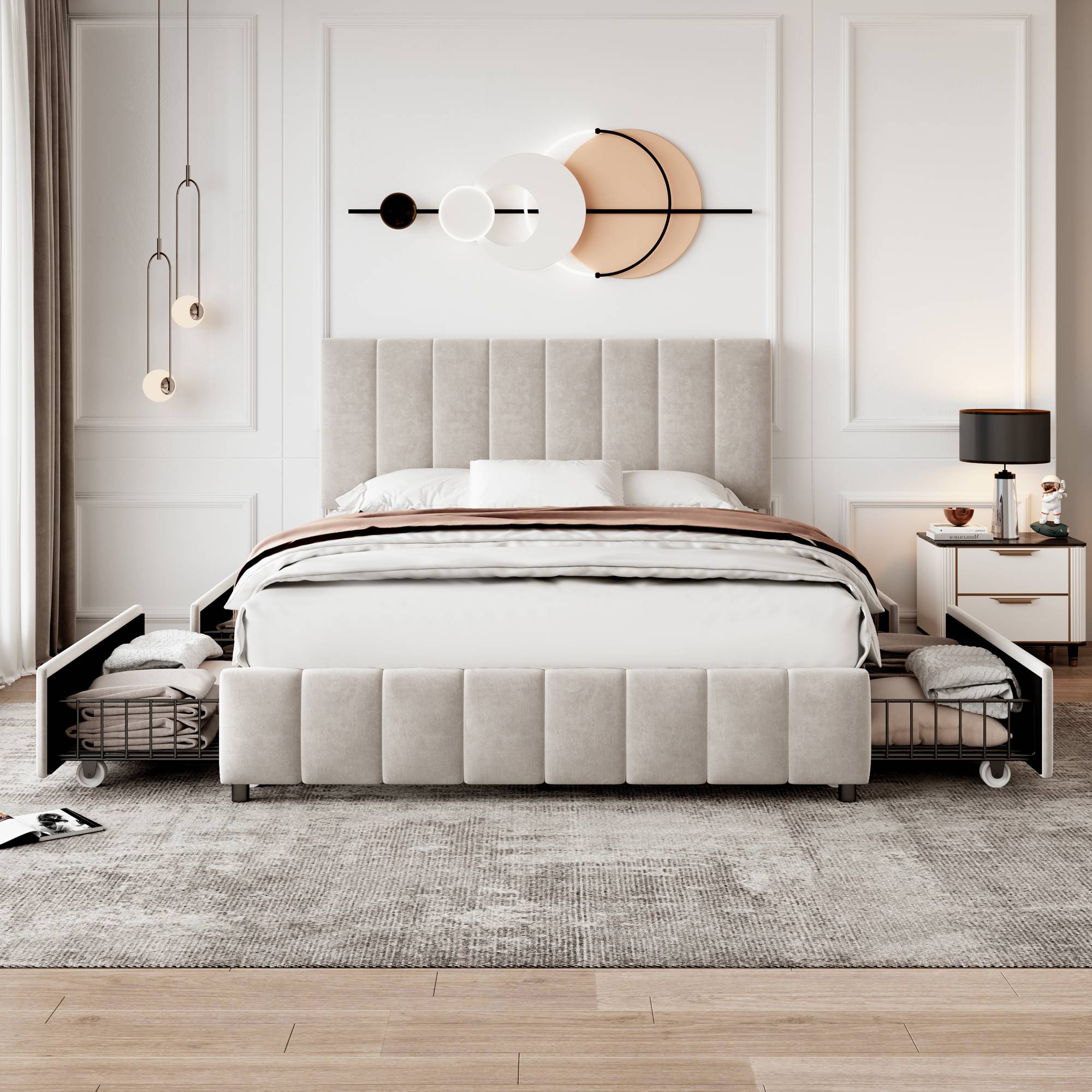 4ft6 Double Upholstered Bed With 4 Storage Drawers, Velvet Platform Bed Frame With Adjustable Channel Tufted Headboard, Metal-Wood Support, No Box Spring Needed, Easy Assembly, Beige  No Mattress