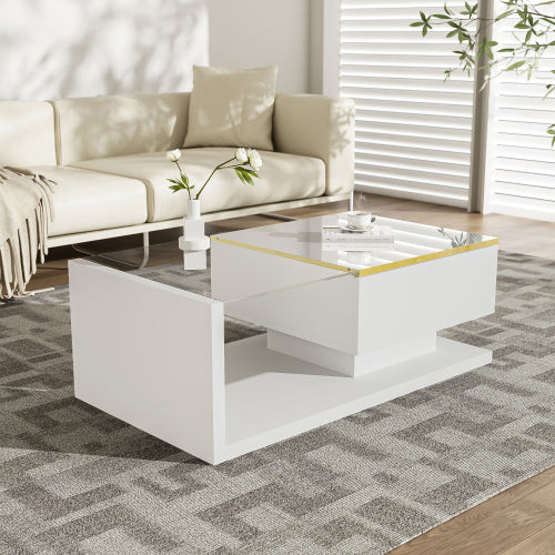 90 Cm Long Coffee Table, High-Gloss White. Side Tables, Coffee Tables With Glass And LED Effect
