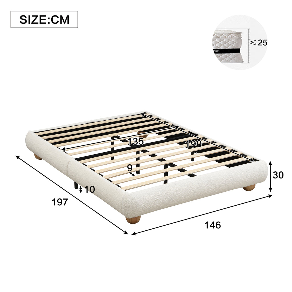 Upholstered Bed, 4ft6 Double Bed 135x190cm, Sturdy Bed Slats, Comfortable Soft Bed, Boucle  MDF Plywood, Beige