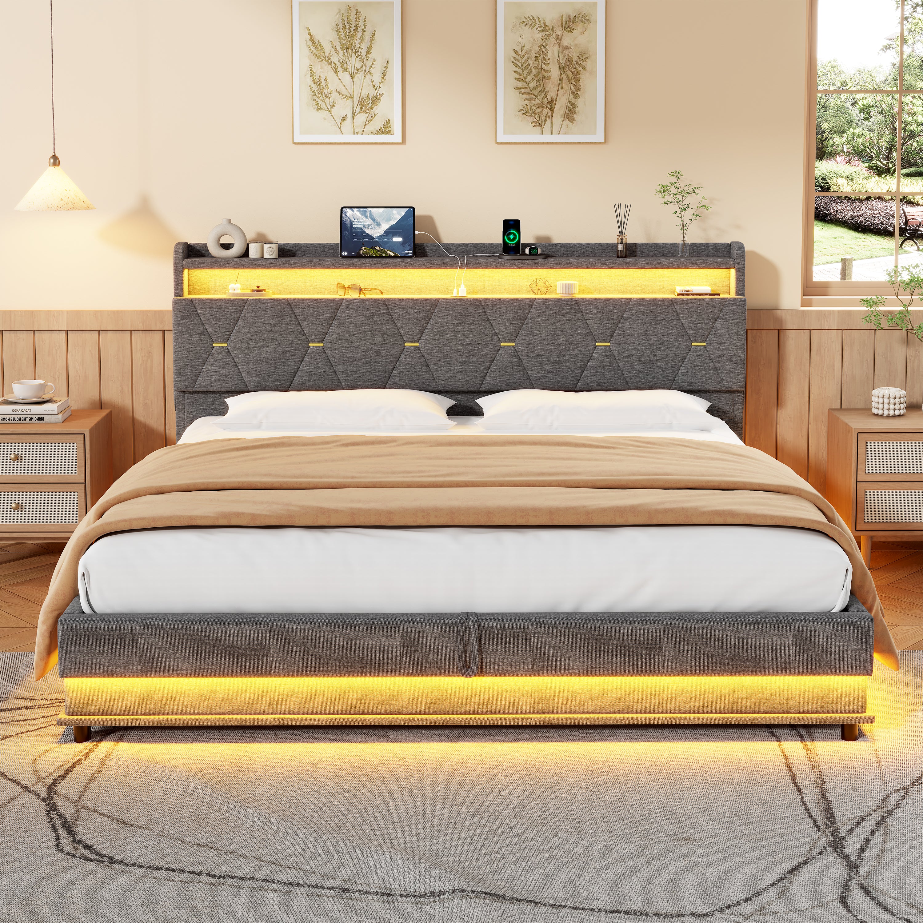 6ft Super King Upholstered Bed Frame With Hydraulic Storage,  LED Headboard With Charging Station And Concealed Headboard Storage, USB And Type - C Ports, Linen,  Grey  No Mattress
