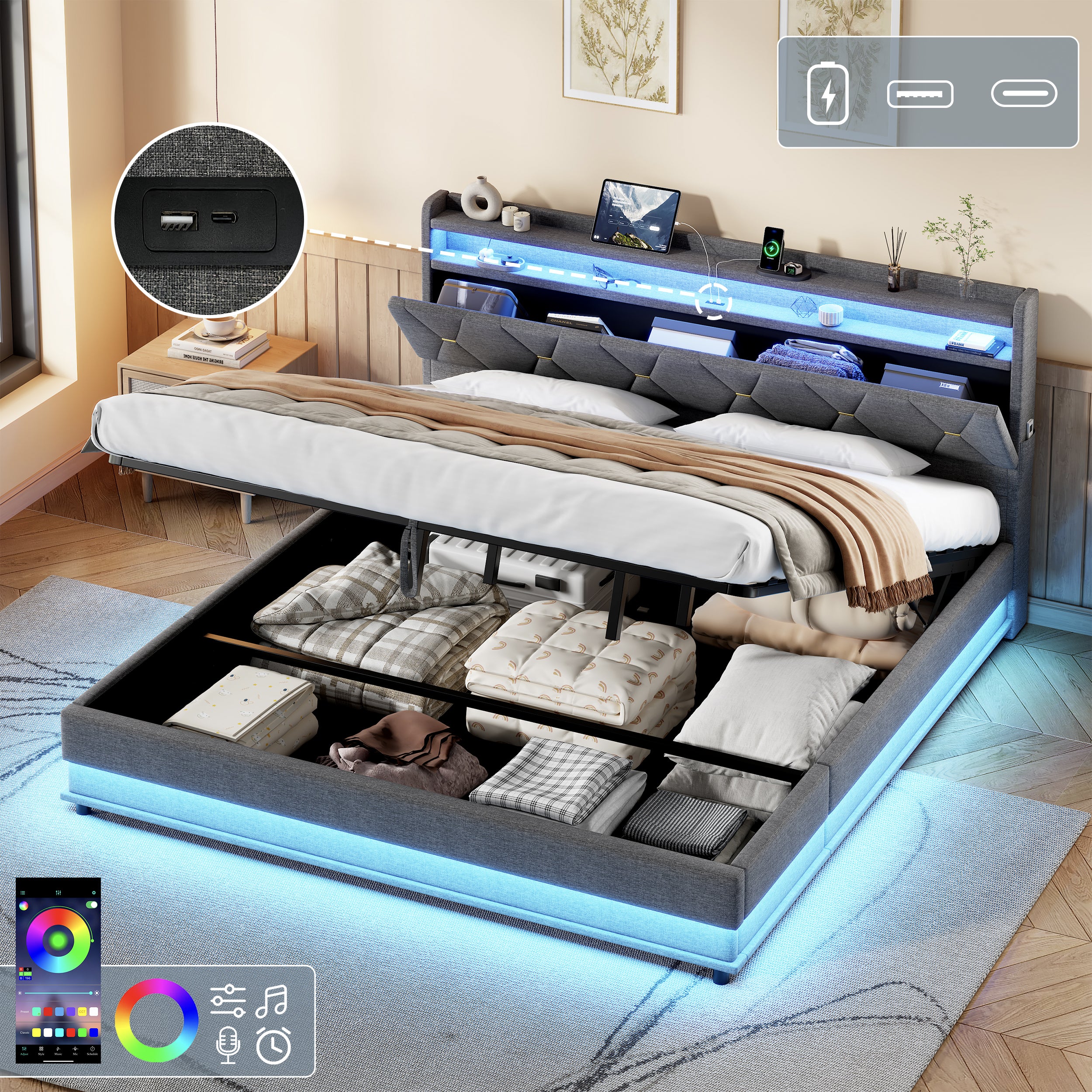 6ft Super King Upholstered Bed Frame With Hydraulic Storage,  LED Headboard With Charging Station And Concealed Headboard Storage, USB And Type - C Ports, Linen,  Grey  No Mattress