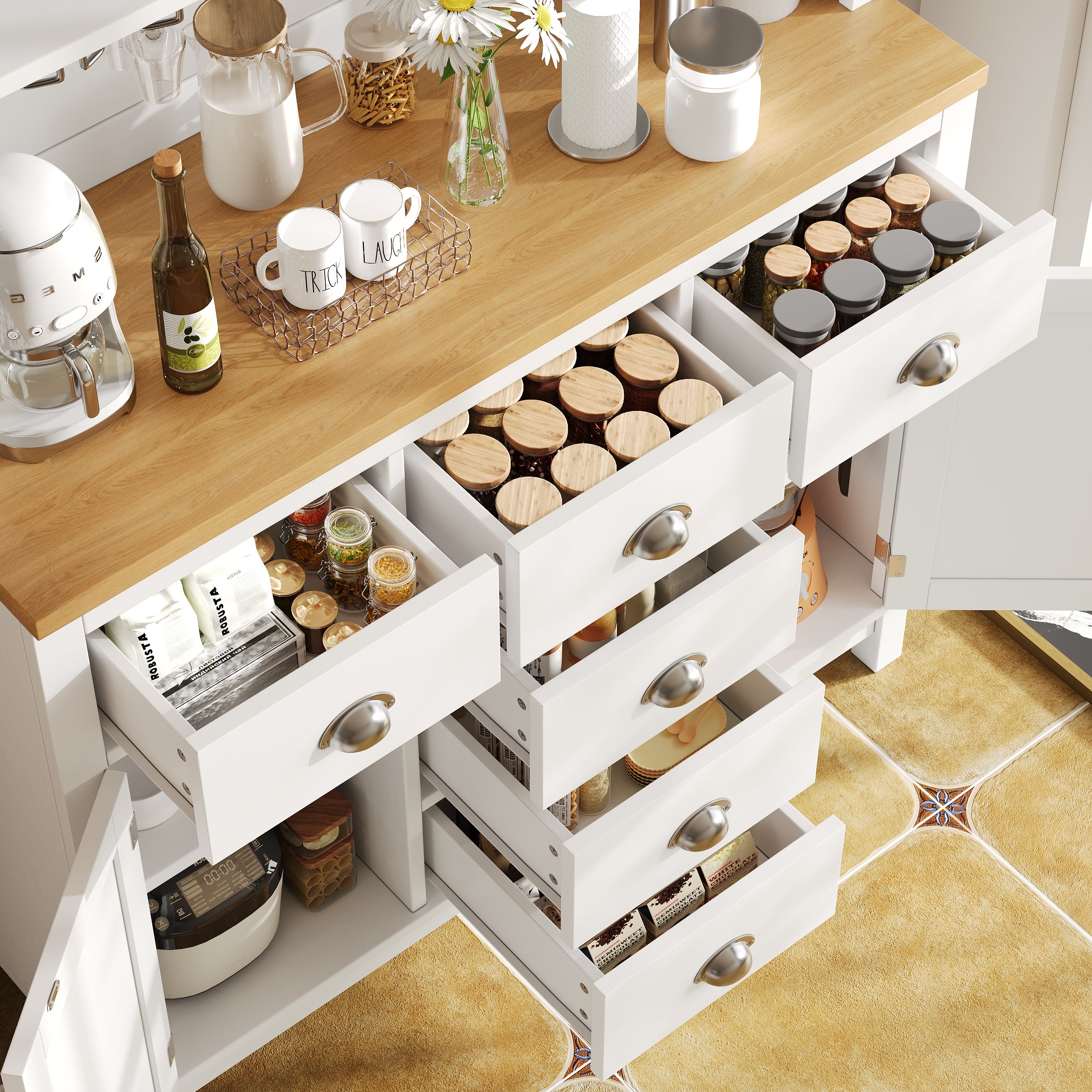 Sideboard  Storage Cabinet  Kitchen Cabinet  Buffet Cabinet, 104x40x180cm, Farmhouse Style, 5 Doors, With LED Light Strip & Drink Holders, Green White