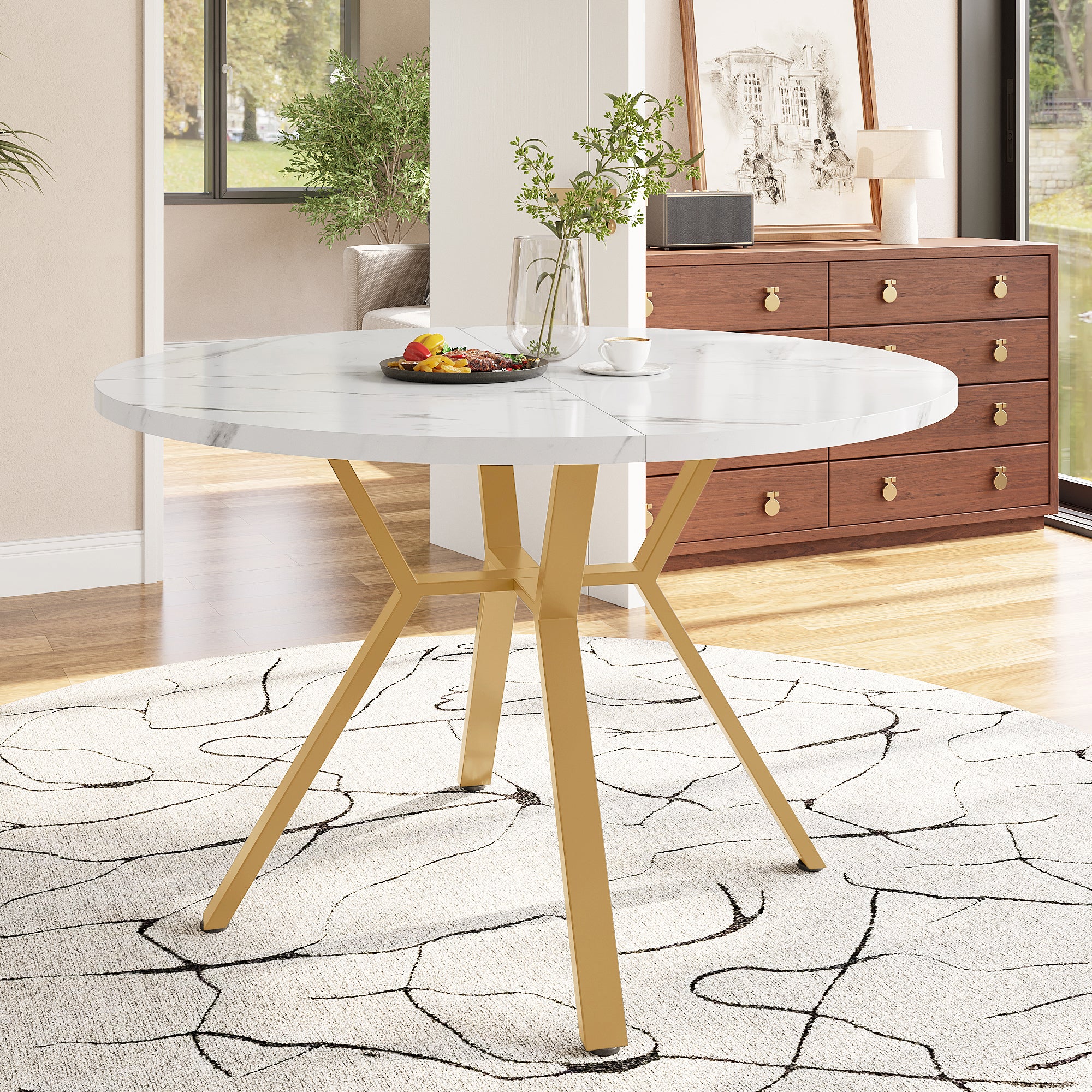 Dining Table Set, Dining Table And Chair Set  5-piece , Modern, Simple Round Marble Dining Table And Chair Set, Gold-coloured Metal Table Legs  4 Ergonomic Velvet Chairs, Green Dining Chairs