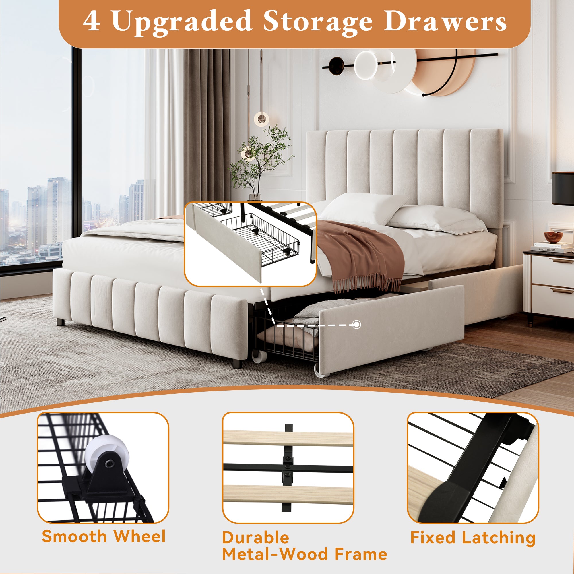 4ft6 Double Upholstered Bed With 4 Storage Drawers, Velvet Platform Bed Frame With Adjustable Channel Tufted Headboard, Metal-Wood Support, No Box Spring Needed, Easy Assembly, Beige  No Mattress
