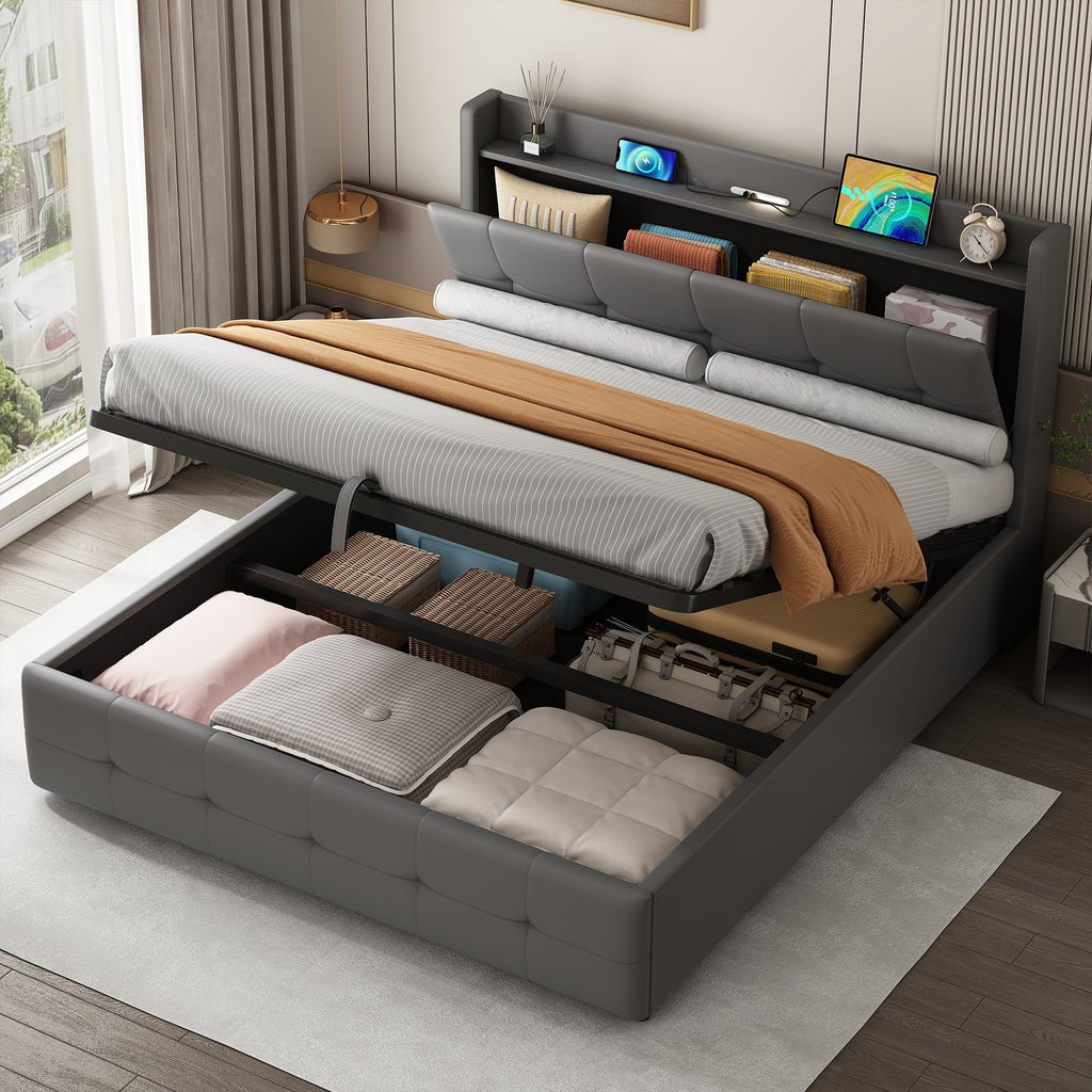5ft King Upholstered Bed Frame With Hydraulic Storage, PU Leather Ottoman Bed With Concealed Headboard Storage, Double Bed With Charging Station And LED Night Light,  Grey No Mattress