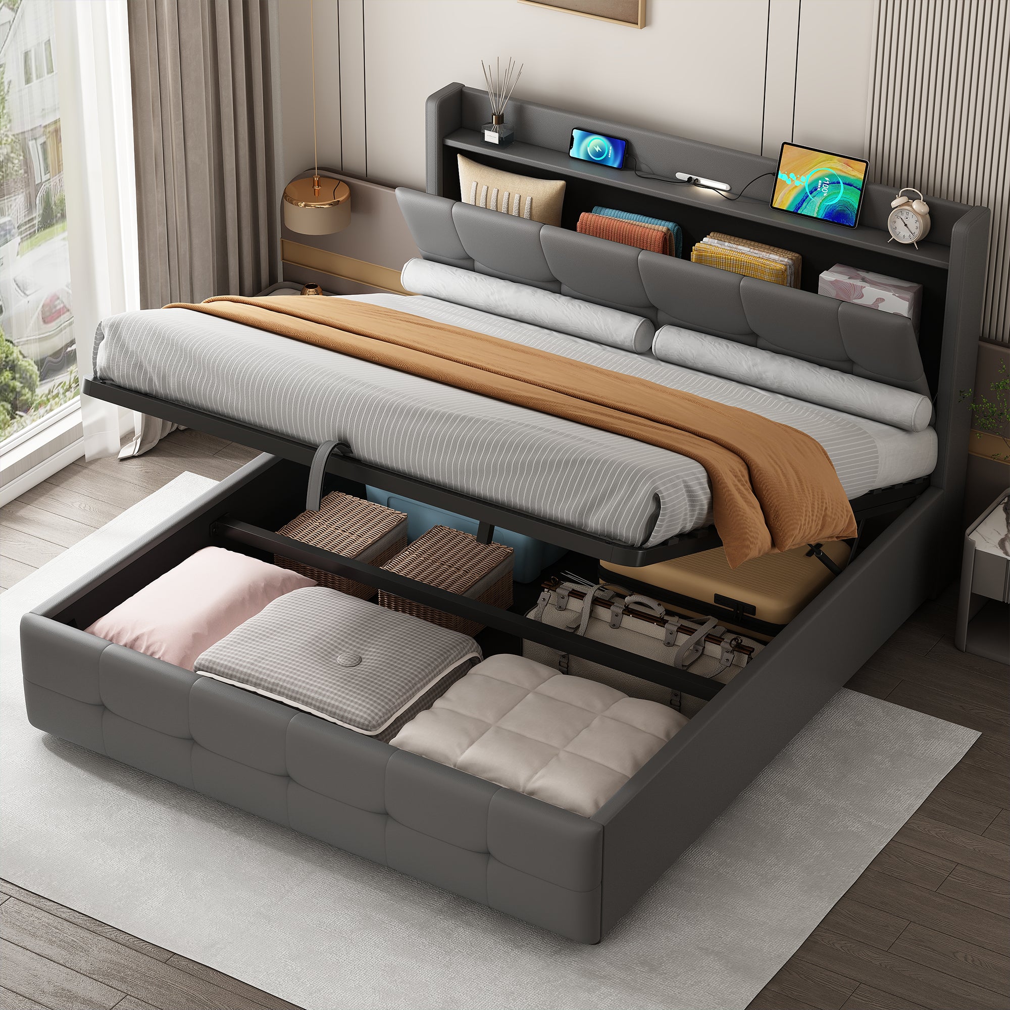 5ft King Upholstered Bed Frame With Hydraulic Storage, PU Leather Ottoman Bed With Concealed Headboard Storage, Double Bed With Charging Station And LED Night Light,  Grey No Mattress