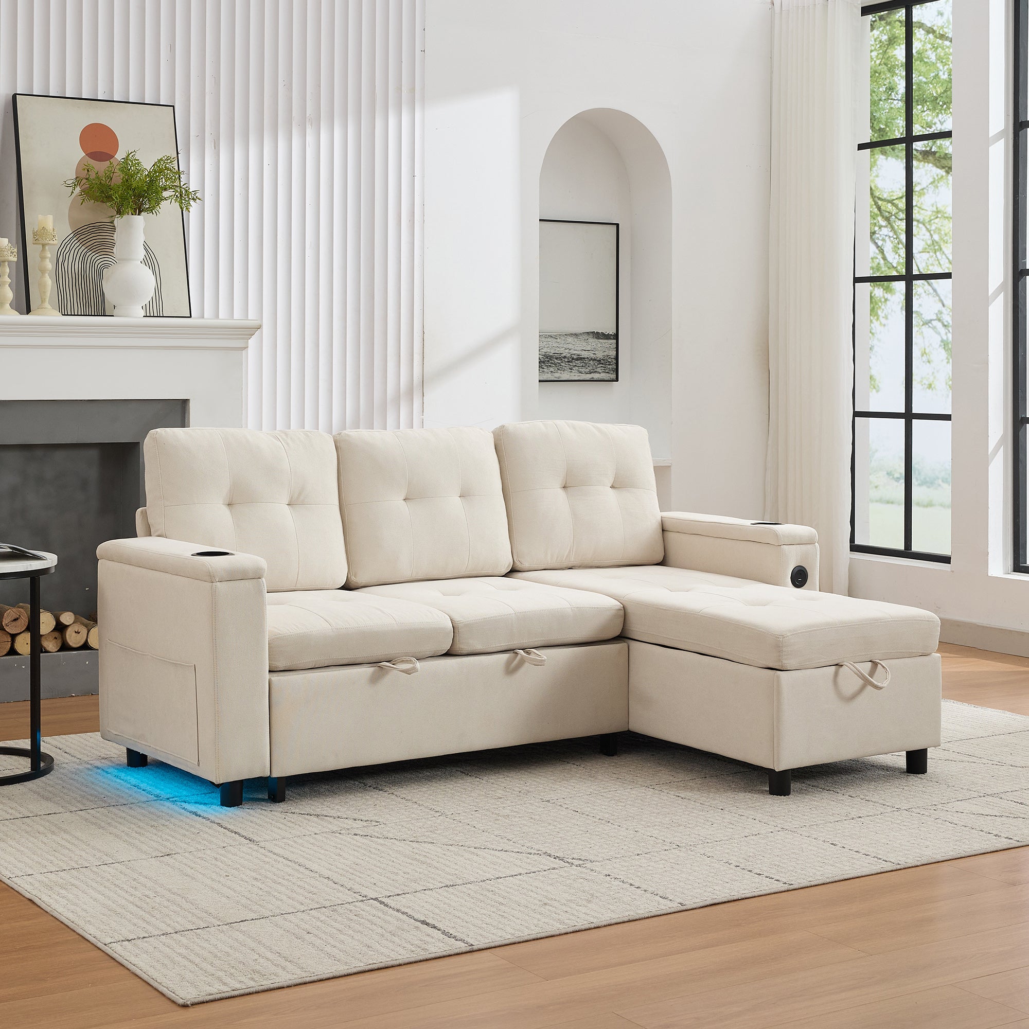 L-Shaped Couch Sofa Bed With Storage, 3 Seater Ll Out Sofa Bed With USB, LED Lights, 2cup Holders, Sectional Corner Sofa With 4 Side Pockets For Apartment Living Room, Office, Beige, 208x146x89.5cm