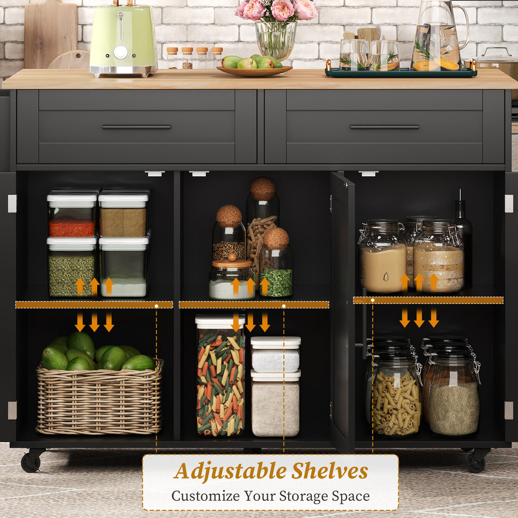 129x46   71x91cm Kitchen Island On Wheels, With Foldable Tabletop, Adjustable Shelves, Rolling Trolley With Storage Cabinets And 2 Drawers, For The Dining Room Living Room
