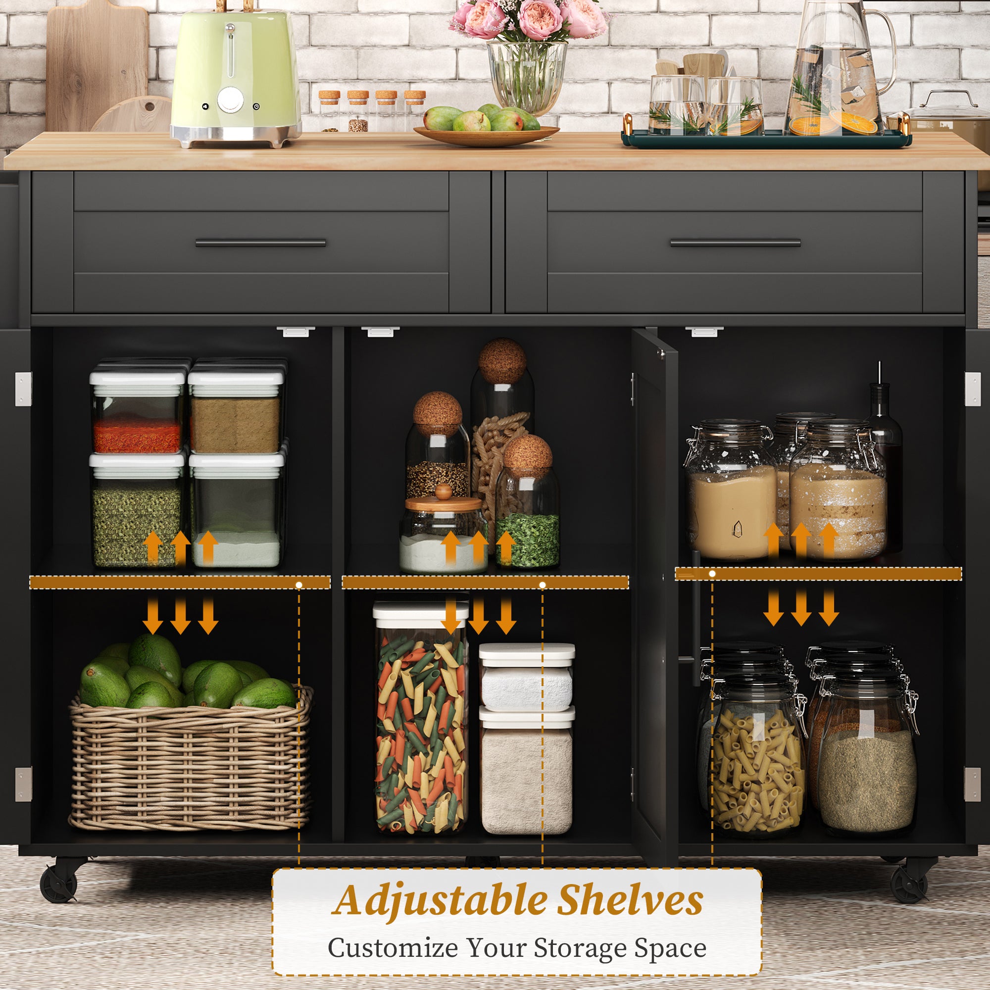 129x46   71x91cm Kitchen Island On Wheels, With Foldable Tabletop, Adjustable Shelves, Rolling Trolley With Storage Cabinets And 2 Drawers, For The Dining Room Living Room