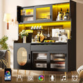 Sideboard  Storage Cabinet  Kitchen Cabinet  Buffet, 145x39x171cm, Country Style, 5 Doors, With LED Light Strip & Pegboard, Fluted Glass Doors, Brown Black