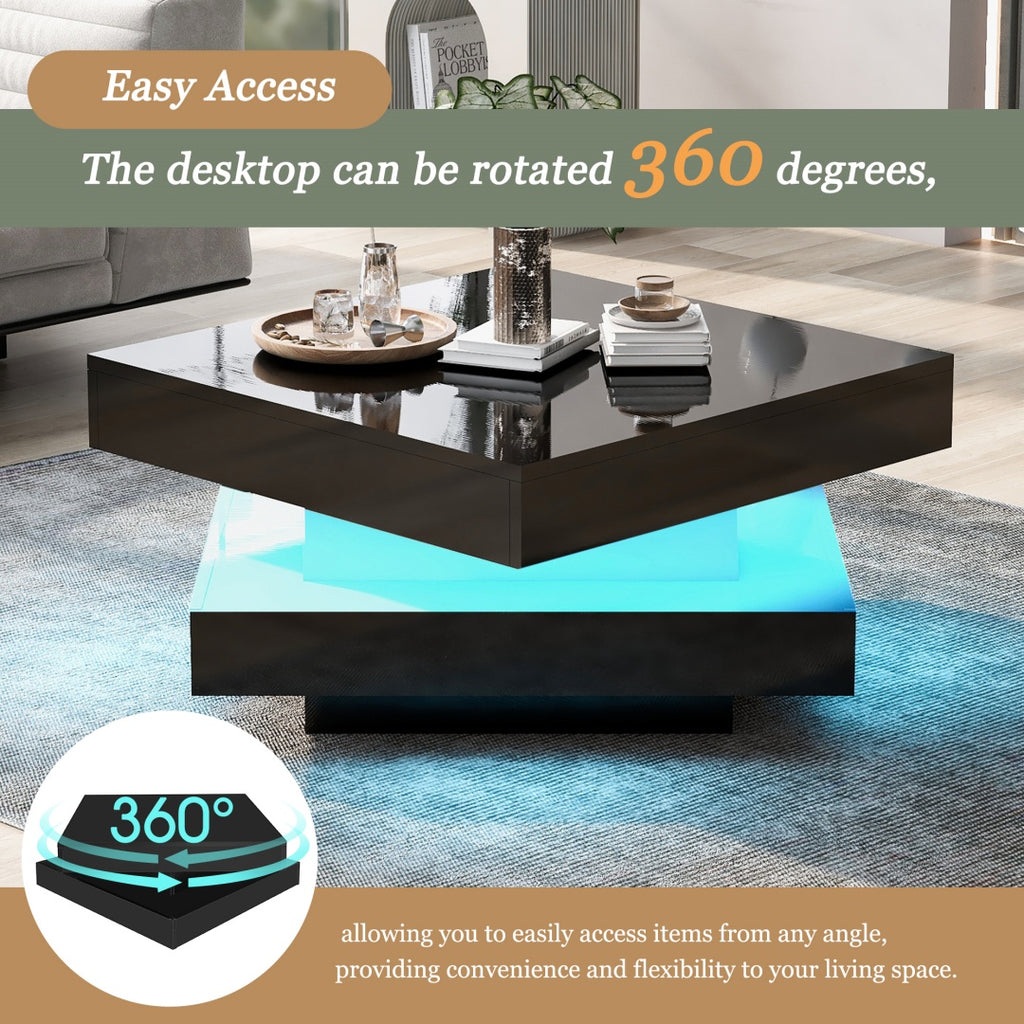 White Square High Gloss Coffee Table With 360 Rotating Top, Tea Table With 16-Color LED Light, 70x70x36 Cm