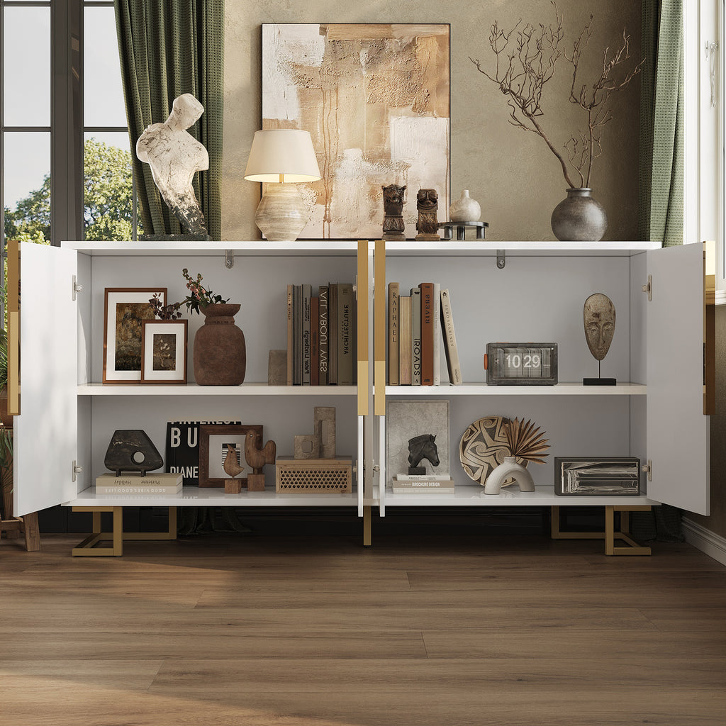 White Sideboard 152 X 40 X 75 Cm Features A Unique Geometric Design And Gold Handles And Feet For An Elegant Feel.