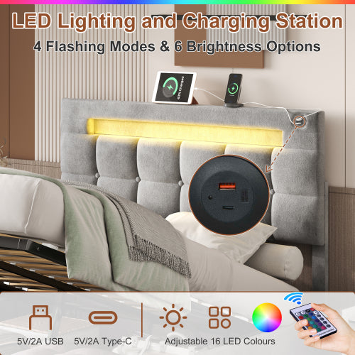 4ft6 Double Upholstered Bed Frame With Hydraulic Storage, Velvet Ottoman Bed With LED Lighting And Charging Station, Double Bed With Adjustable Button Tufted Headboard, Beige