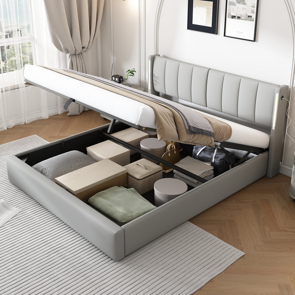 LED Upholstered Bed ,King Size Bed-5ft 150X200cm Hydraulic Bed, Rechargeable USB Port In Bed, With LED Lighting, With Storage Space, Adjustable Headboard, PU , Grey