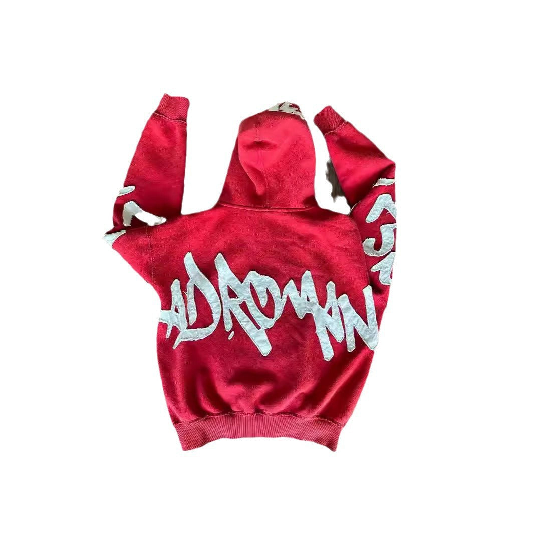 Hooded 3D Letter Print Loose Zip-Up Hoodie
