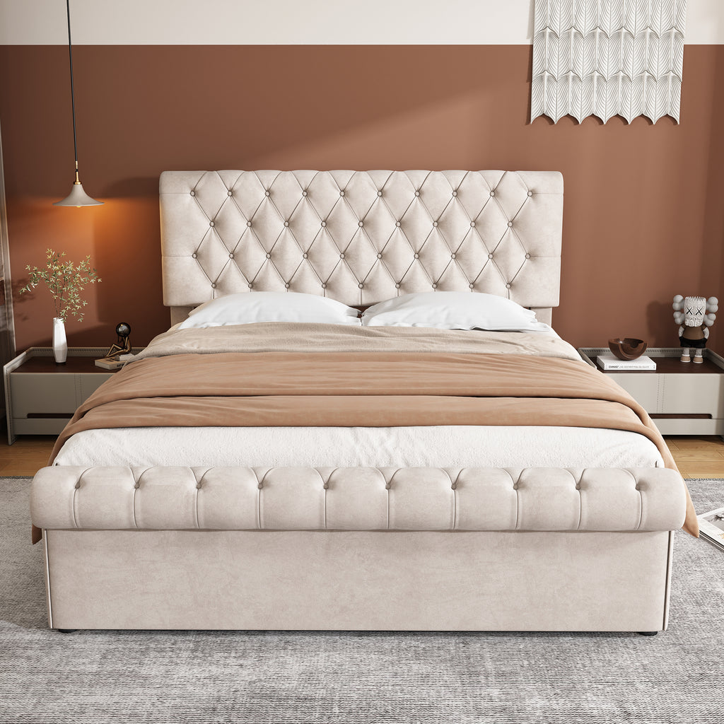 Upholstered Bed 5ft,150x200, 5ft King Bed, Luxurious Velvet Button-Tufted Sleigh Bed Storage, Functional Bed With Slatted Frame And Storage, Beige