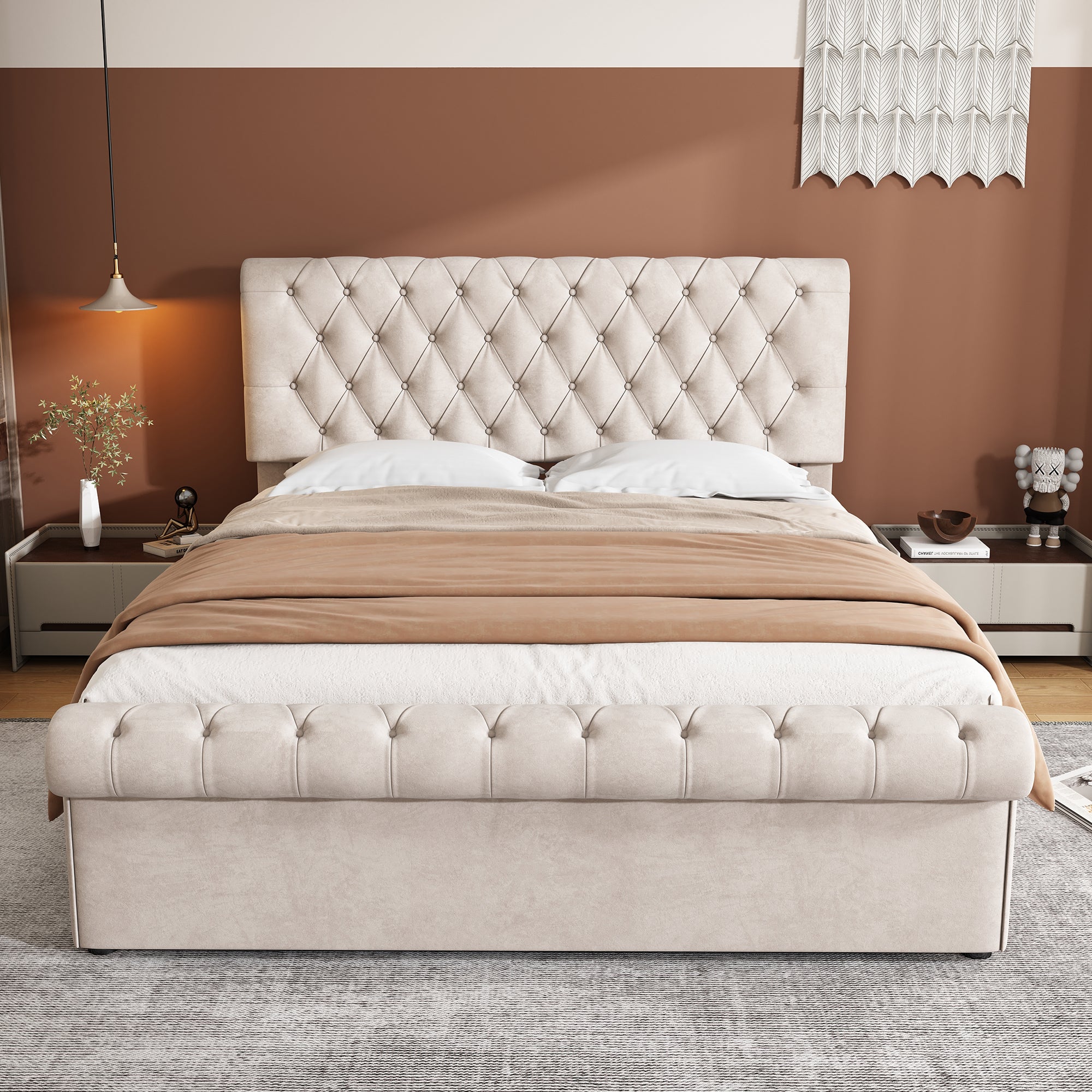 Upholstered Bed 5ft,150x200, 5ft King Bed, Luxurious Velvet Button-Tufted Sleigh Bed Storage, Functional Bed With Slatted Frame And Storage, Beige