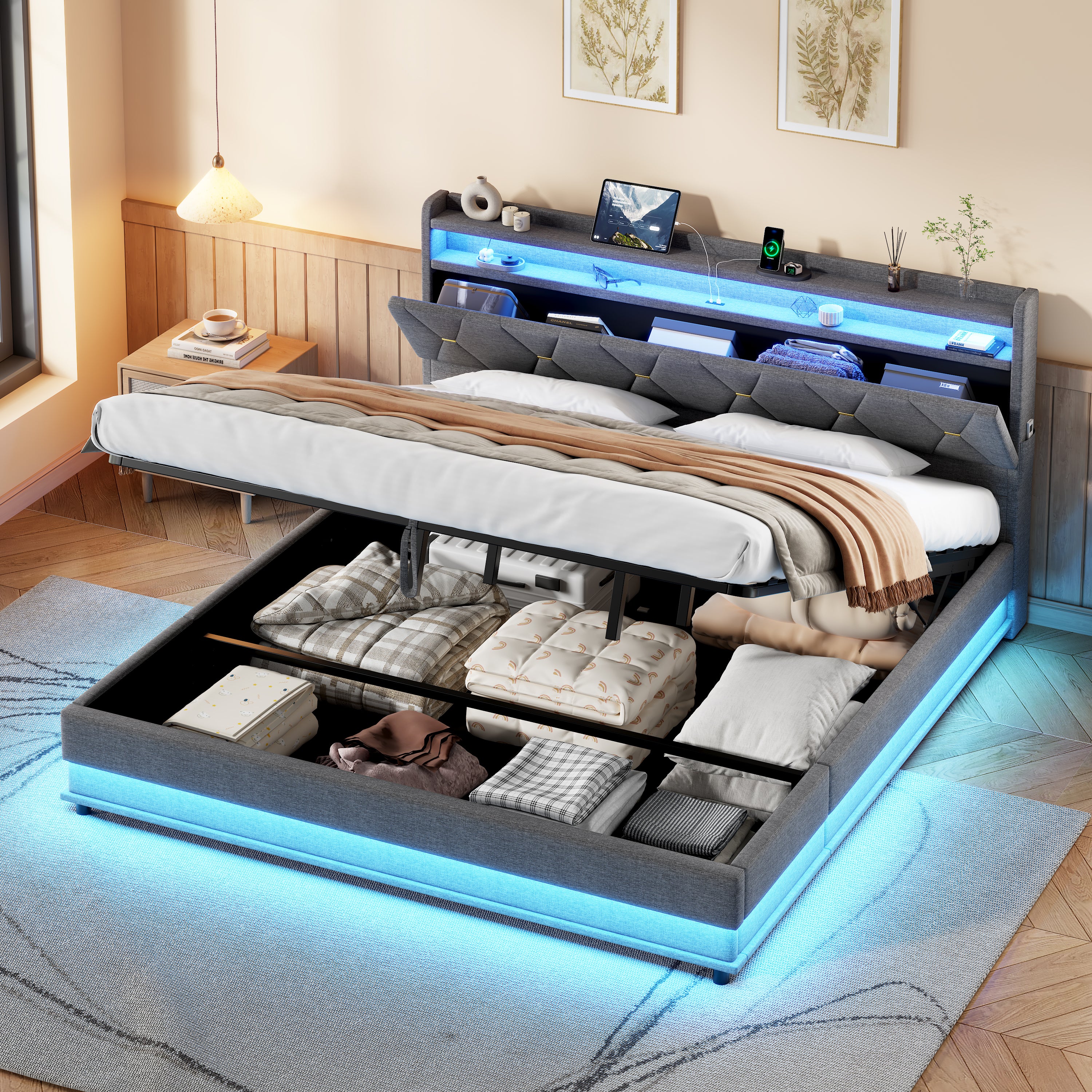 6ft Super King Upholstered Bed Frame With Hydraulic Storage,  LED Headboard With Charging Station And Concealed Headboard Storage, USB And Type - C Ports, Linen,  Grey  No Mattress