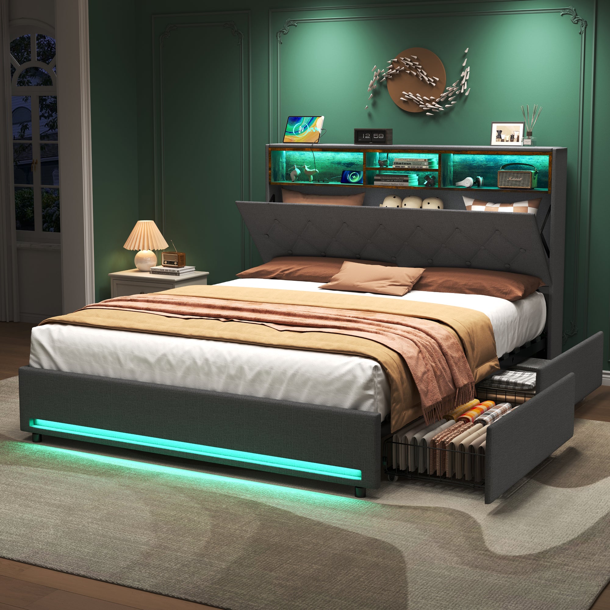 4ft6 Double Bed With 4 Storage Drawers, Bed Frame With Concealed Headboard Storage, Button Tufted Headboard With RGB LED Lighting And Charging Station, Linen, Grey No Mattress