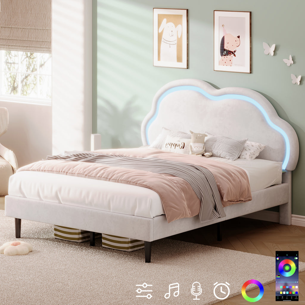 4ft6 Double Upholstered Bed With LED Adjustable Cute Cloud Headboard, Soft Velvet Bed Frame With Solid Wood Slat, No Box Spring Needed, Easy Assembly, Cream White  No Mattress
