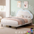 4ft6 Double Upholstered Bed With LED Adjustable Cute Cloud Headboard, Soft Velvet Bed Frame With Solid Wood Slat, No Box Spring Needed, Easy Assembly, Cream White  No Mattress