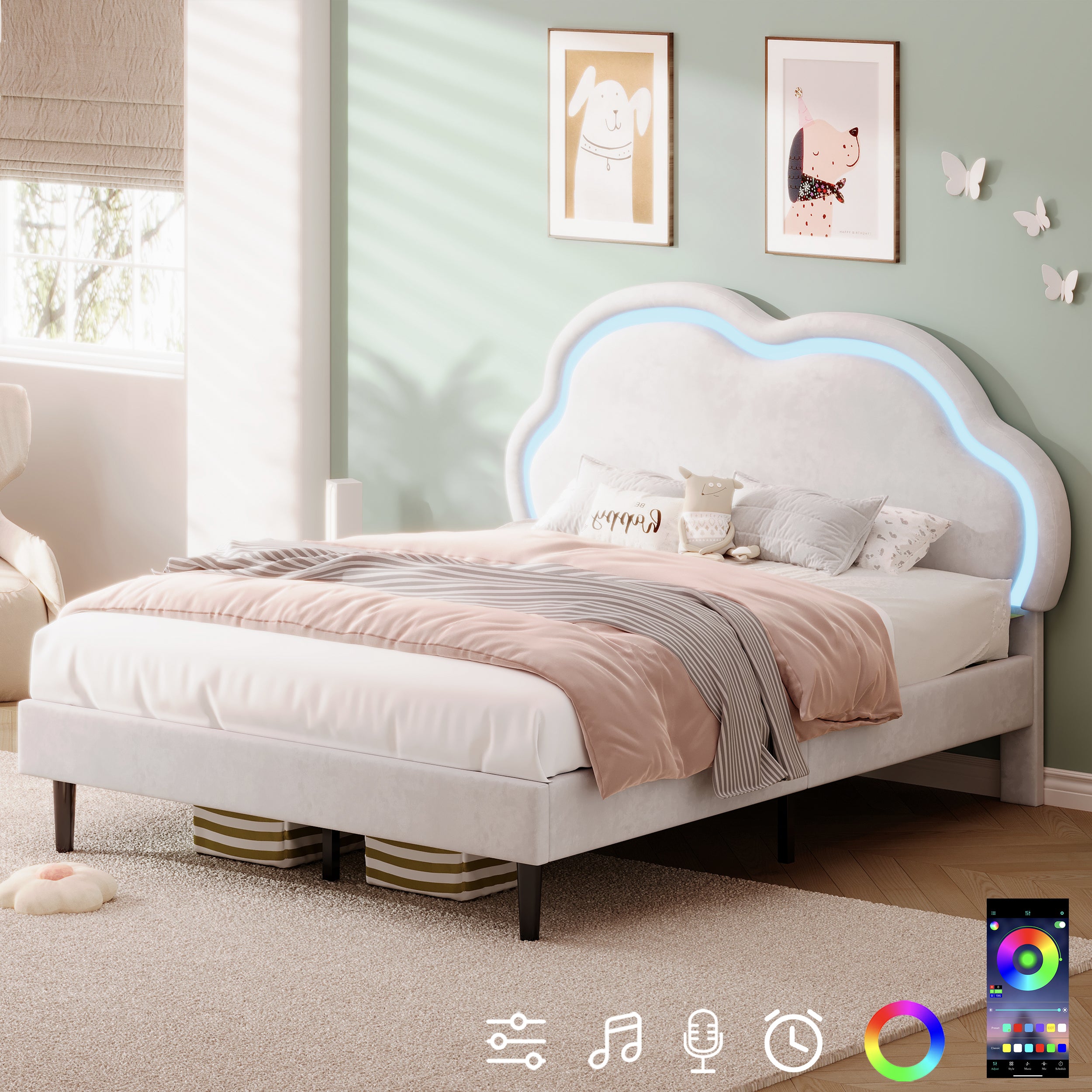 4ft6 Double Upholstered Bed With LED Adjustable Cute Cloud Headboard, Soft Velvet Bed Frame With Solid Wood Slat, No Box Spring Needed, Easy Assembly, Cream White  No Mattress