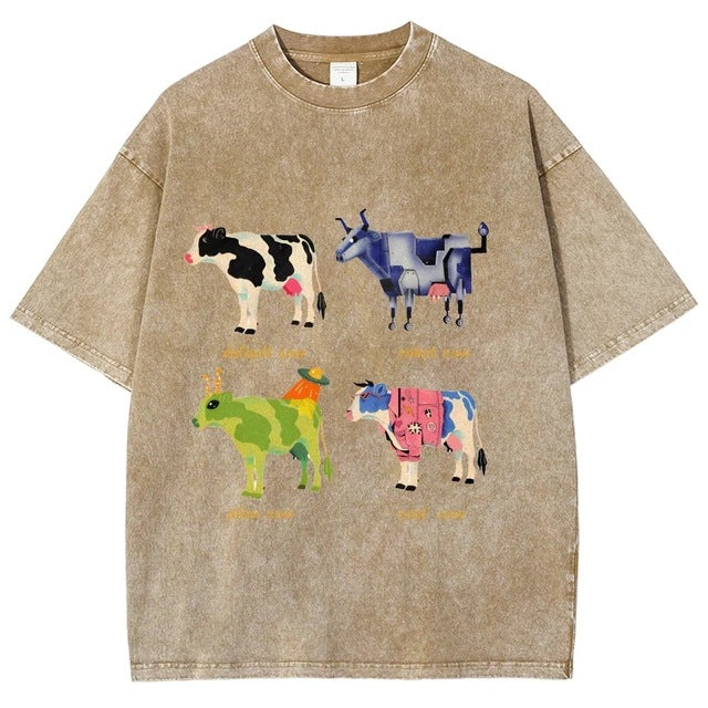 Mens Retro Cotton Funny Cow Streetwear Printed Top