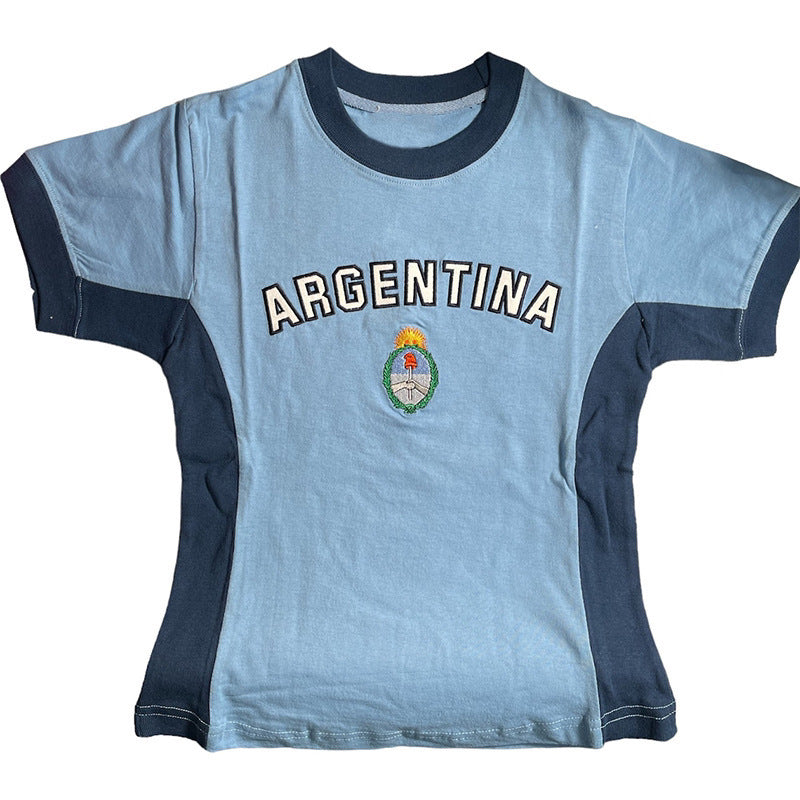 Y2K Womens Summer Cropped Slim-Fit Blue Lettered TopT-Shirt