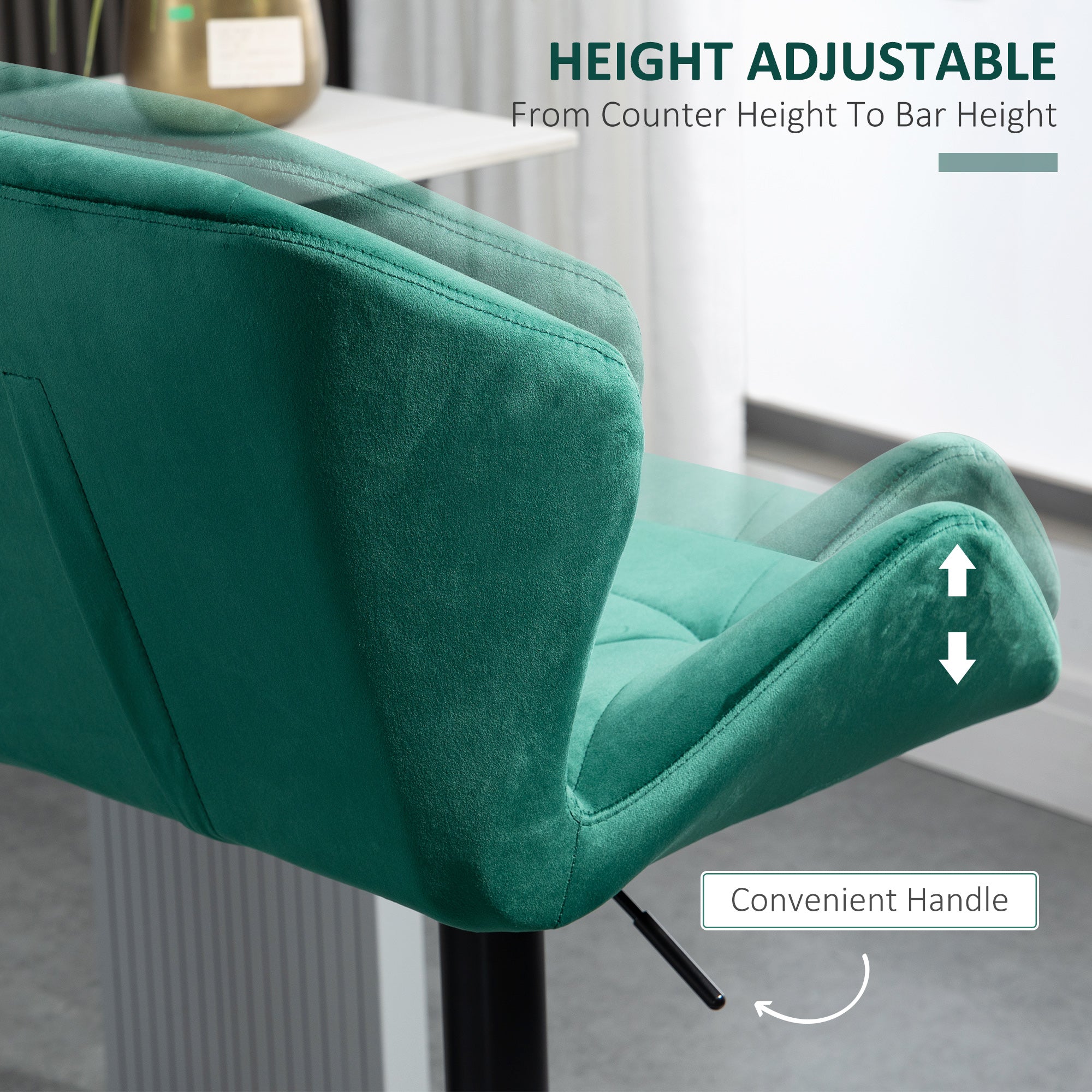 Urban thrif Bar Stools Set Of 2, Velvet-Touch Barstools With Metal Frame Footrest And Adjustable Height, Green