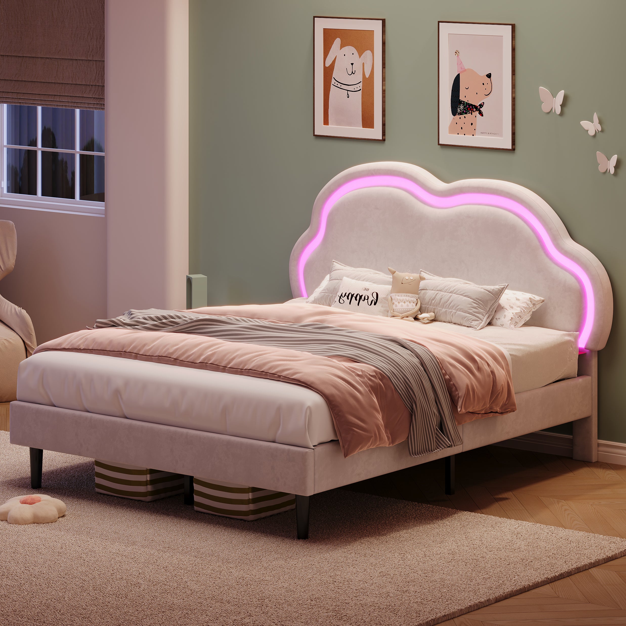 4ft6 Double Upholstered Bed With LED Adjustable Cute Cloud Headboard, Soft Velvet Bed Frame With Solid Wood Slat, No Box Spring Needed, Easy Assembly, Cream White  No Mattress