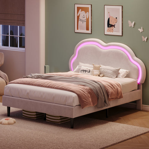 4ft6 Double Upholstered Bed With LED Adjustable Cute Cloud Headboard, Soft Velvet Bed Frame With Solid Wood Slat, No Box Spring Needed, Easy Assembly, Cream White  No Mattress