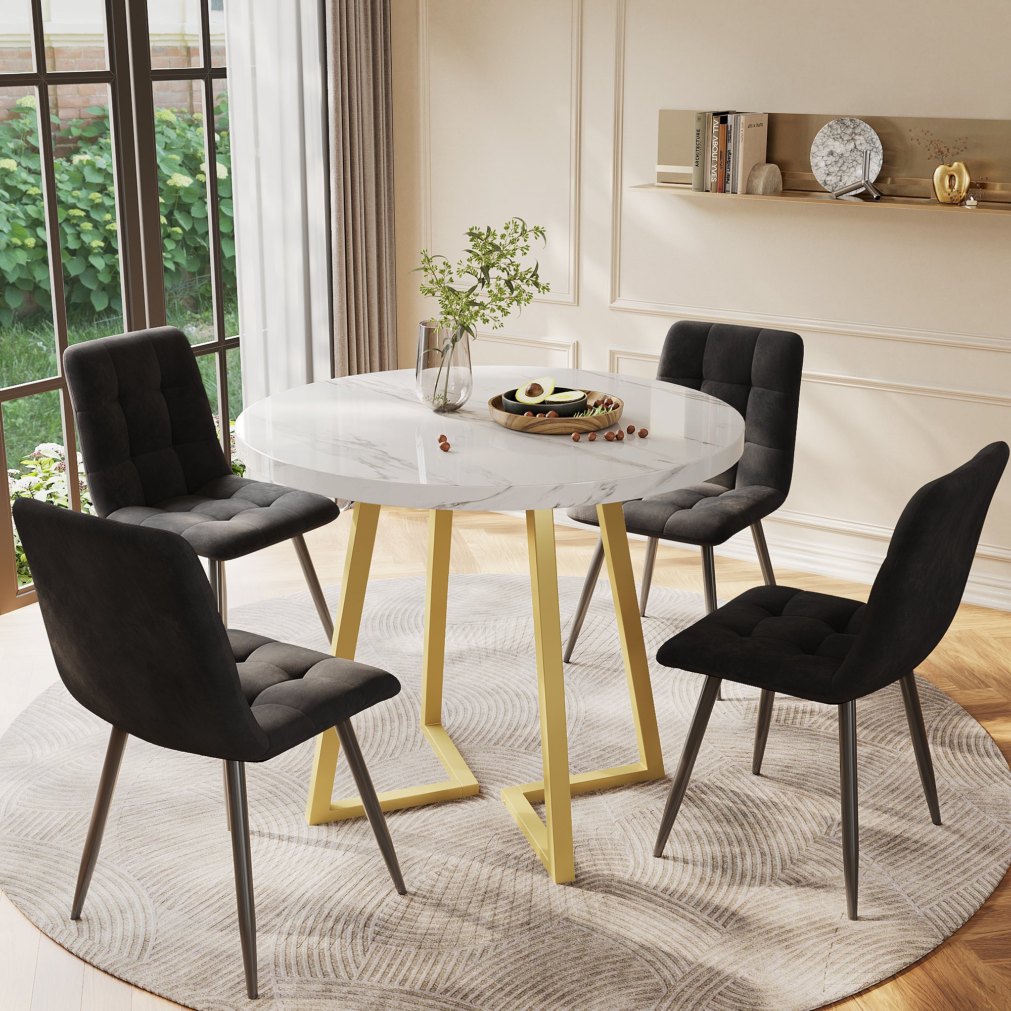 Dining Table Set  5 Pieces , Dining Table Set With 4 Chairs, Modern Kitchen Table Set, 80 Cm Diameter Round Kitchen Table With Gold Metal Legs, White MDF Table Top, Black Velvet Dining Chairs