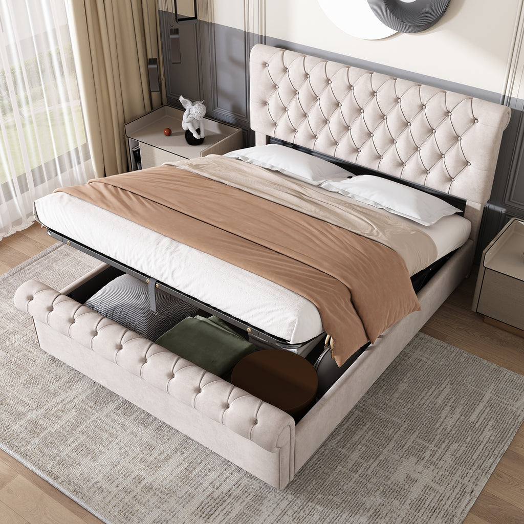 Upholstered Bed 5ft,150x200, 5ft King Bed, Luxurious Velvet Button-Tufted Sleigh Bed Storage, Functional Bed With Slatted Frame And Storage, Beige