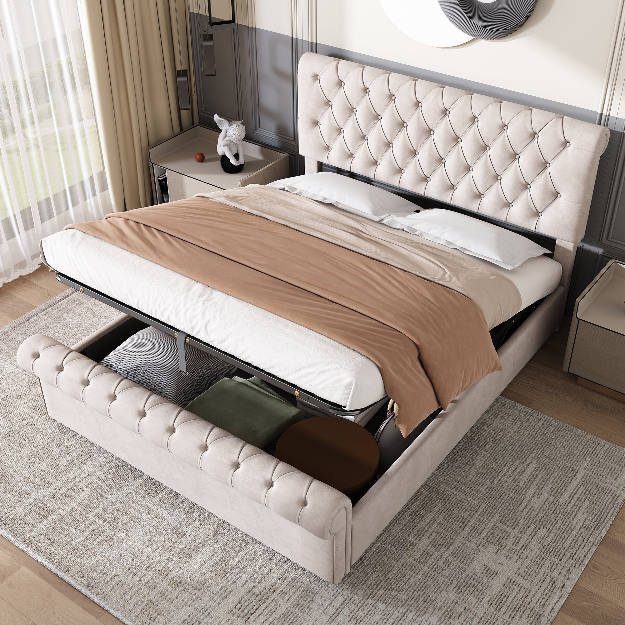 Upholstered Bed 5ft,150x200, 5ft King Bed, Luxurious Velvet Button-Tufted Sleigh Bed Storage, Functional Bed With Slatted Frame And Storage, Beige