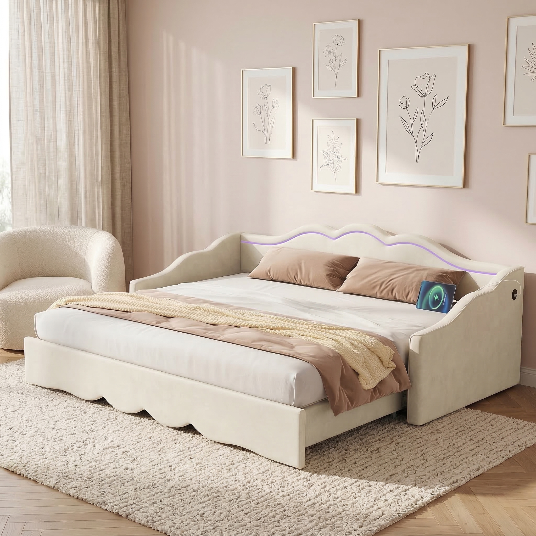 Upholstered Daybed, Sofa Bed, 90x190 Cm, Extendable To 180 Cm, With LED Lighting And USB Port, Beige Velvet