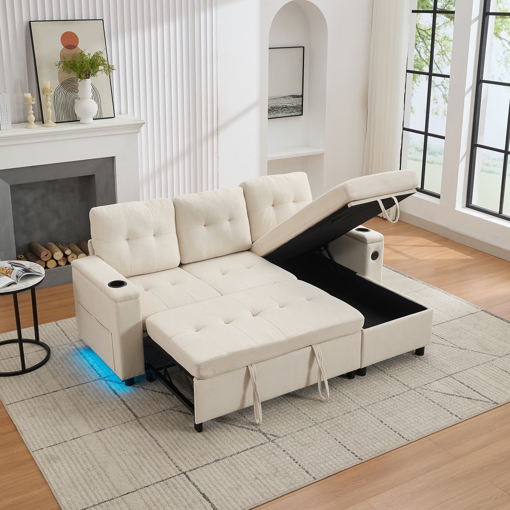 L-Shaped Couch Sofa Bed With Storage, 3 Seater Ll Out Sofa Bed With USB, LED Lights, 2cup Holders, Sectional Corner Sofa With 4 Side Pockets For Apartment Living Room, Office, Beige, 208x146x89.5cm