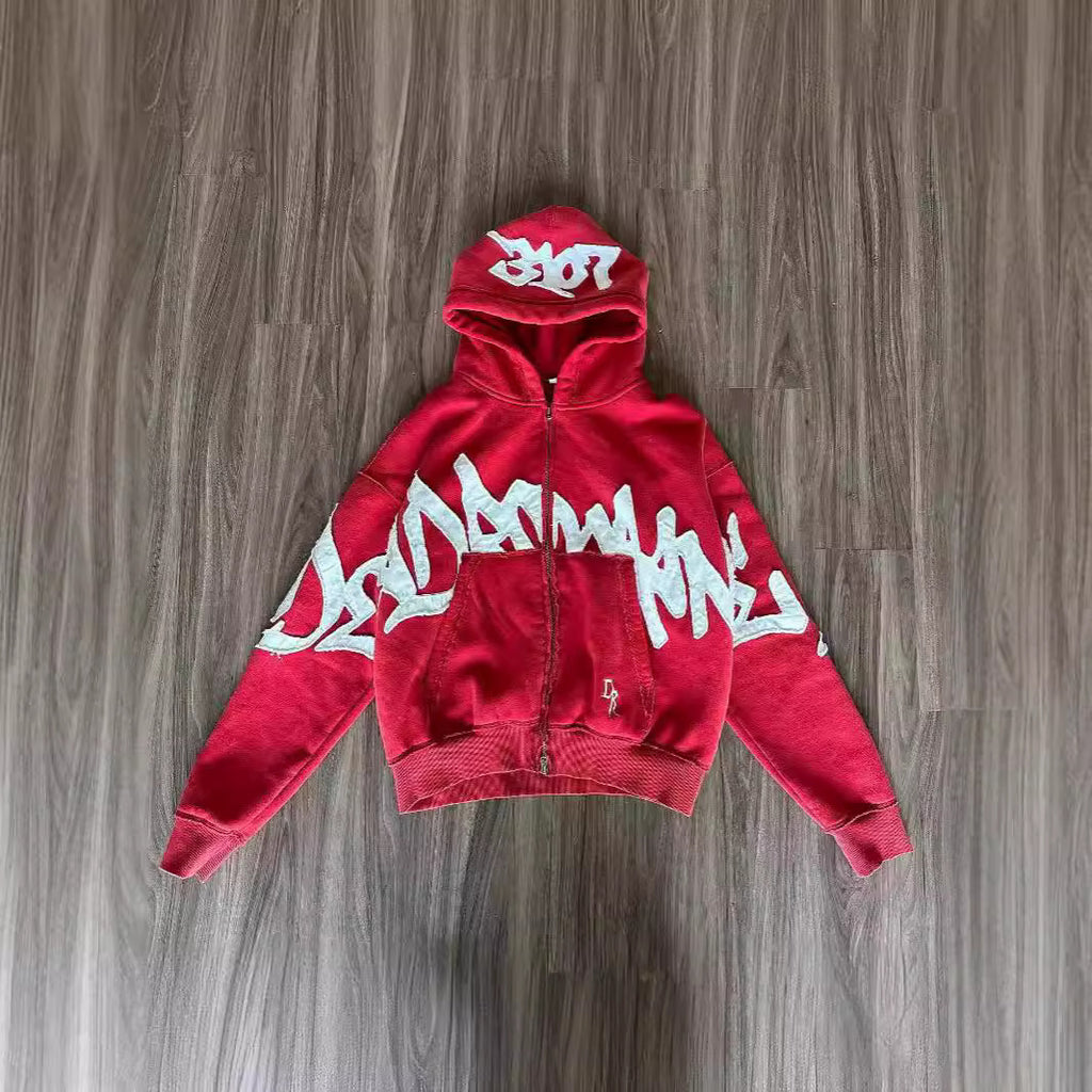 Hooded 3D Letter Print Loose Zip-Up Hoodie
