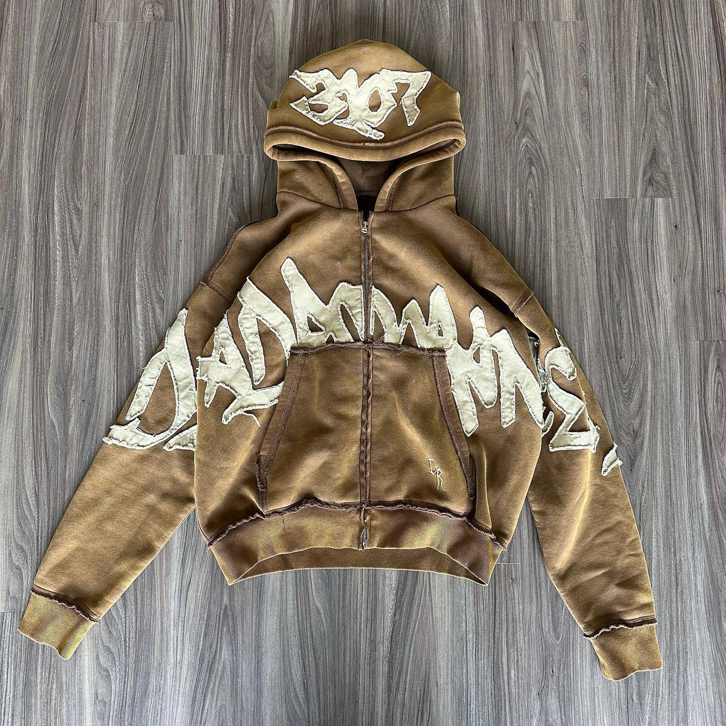 Hooded 3D Letter Print Loose Zip-Up Hoodie