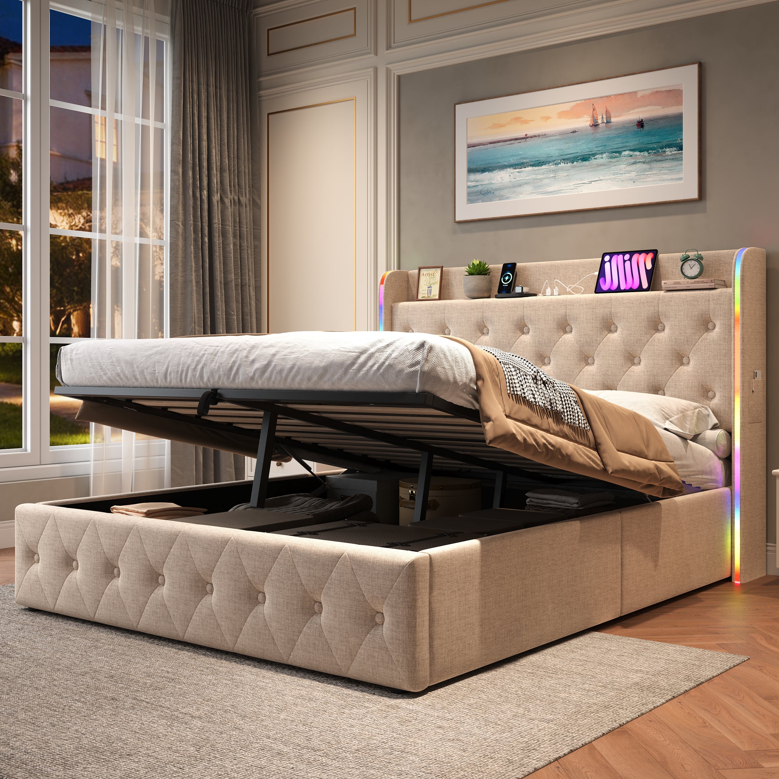 4ft6 Double Upholstered Bed Frame With Hydraulic Storage, LED Headboard With Charging Station And Button-tufted Design, USB And Type-C Ports, Linen, No Box Spring Needed, Beige  No Mattress