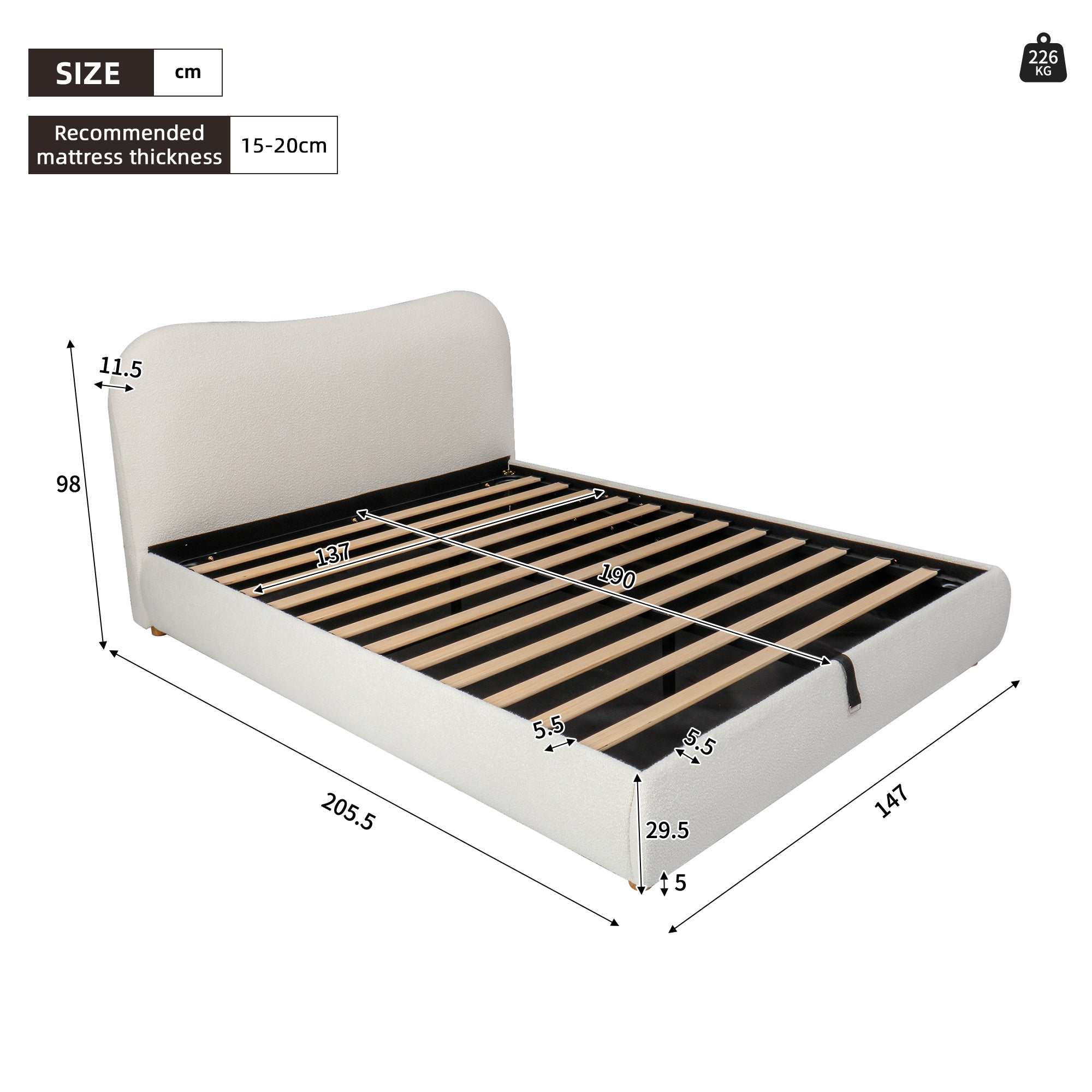 135x190cm 4ft6 Ottoman Storage Bed Frame With Curved Shaped Headboard, Soft Rounded Corners, Double Upholstered Bed Frame With Boucle Fabric, Warm White