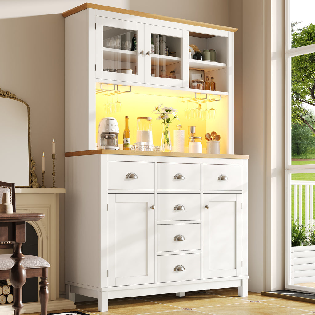 Sideboard  Storage Cabinet  Kitchen Cabinet  Buffet Cabinet, 104x40x180cm, Farmhouse Style, 5 Doors, With LED Light Strip & Drink Holders, Green White