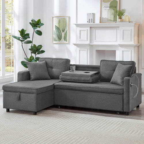 L-Shaped Pull Out Sleep Sofabed, Modern Reversible Sleeper Sectional Sofa, 3 In 1 Convertible Sofa Bed With Storage Chaise, Drop-Down Table, Cup Holders And Charging Ports, Grey