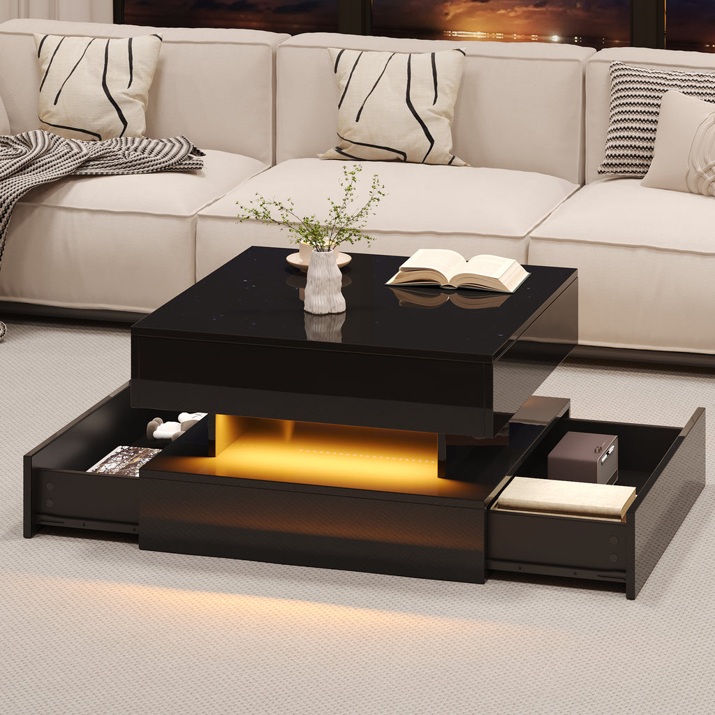 65 X 65 X 38.5 Cm Liftable Living Room Table, Side Table, High-gloss Coffee Table With LED Light Strip, Sofa Table With 2 Drawers, Coffee Table With Geometric Design And Hidden Storage Space, Black