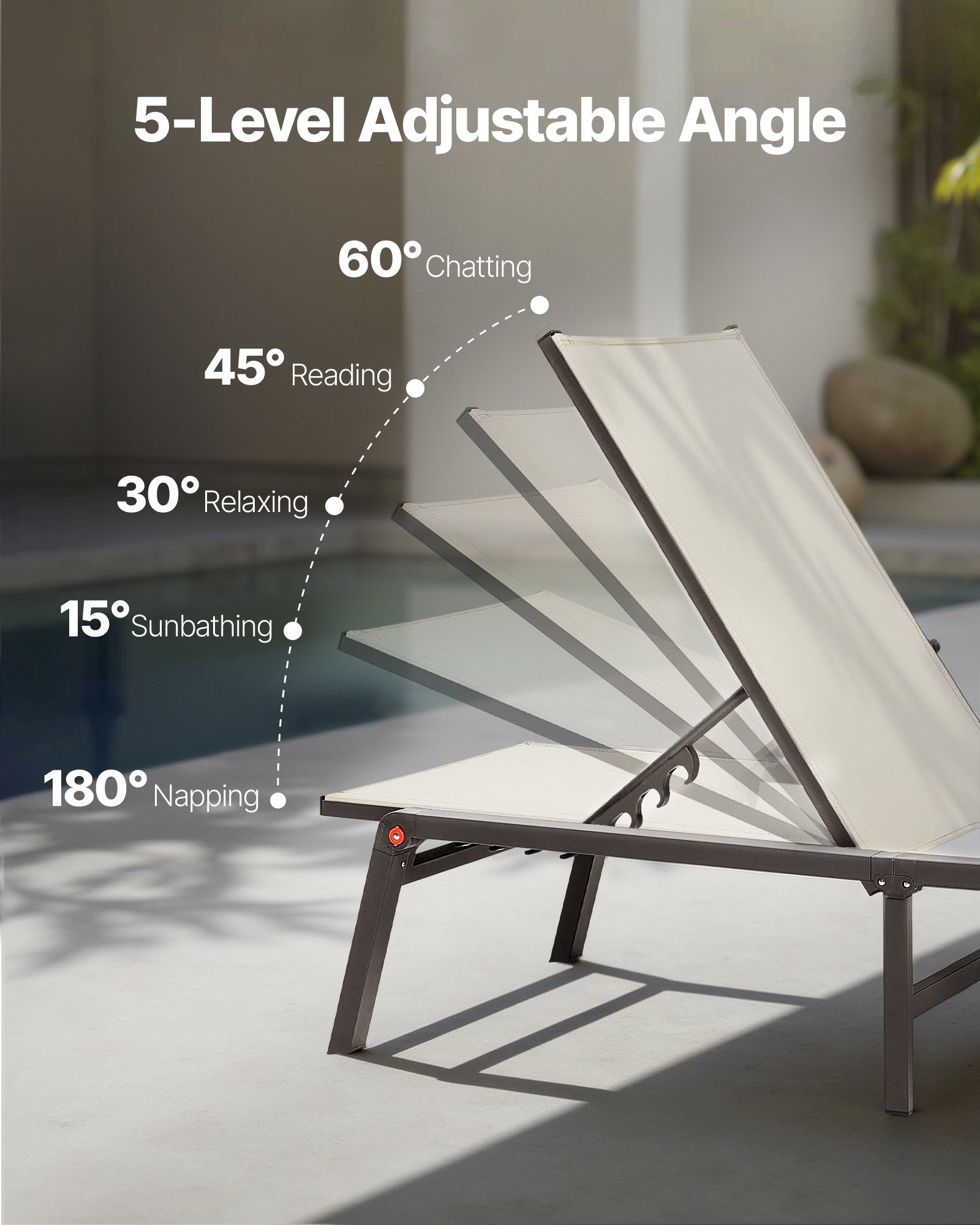 Outdoor Chaise Lounge Chair, 400 Lbs Weight Capacity, Foldable Sun Tanning Chair, 5 Adjustable Positions, Easy Assembly, Heavy Duty Aluminum Pool Recliner Lounge Chairs, For Beach Yard Patio
