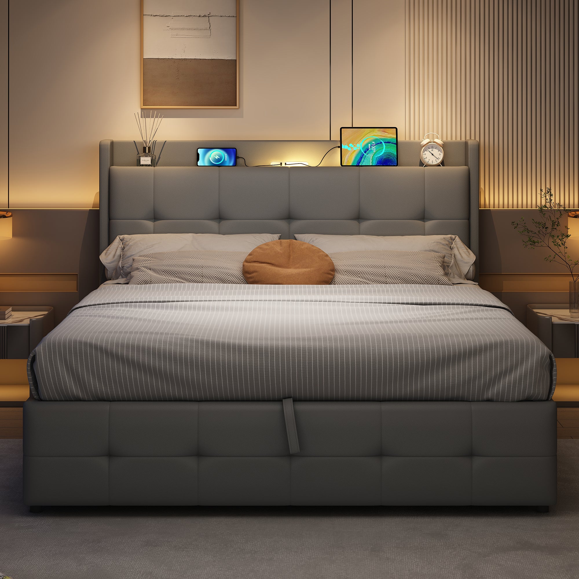 5ft King Upholstered Bed Frame With Hydraulic Storage, PU Leather Ottoman Bed With Concealed Headboard Storage, Double Bed With Charging Station And LED Night Light,  Grey No Mattress