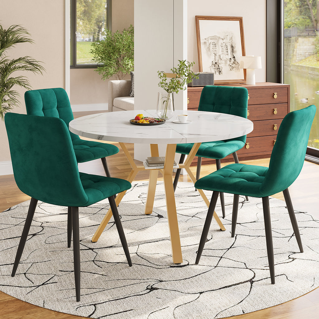 Dining Table Set, Dining Table And Chair Set  5-piece , Modern, Simple Round Marble Dining Table And Chair Set, Gold-coloured Metal Table Legs  4 Ergonomic Velvet Chairs, Green Dining Chairs