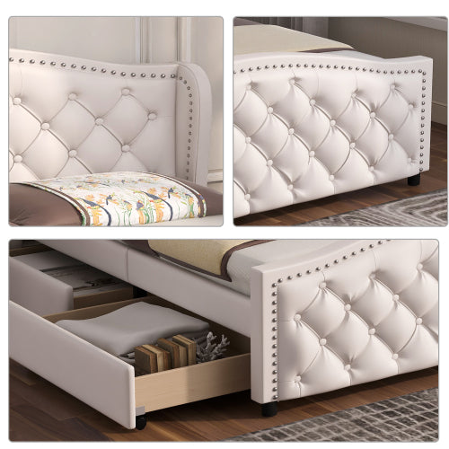 Upholstered Bed 135 X 190cm - Bed With Slatted Frame, 2 Drawers And Headboard With Pull Point Rivets - Wood & Faux Leather - White - Youth Bed Guest Bed