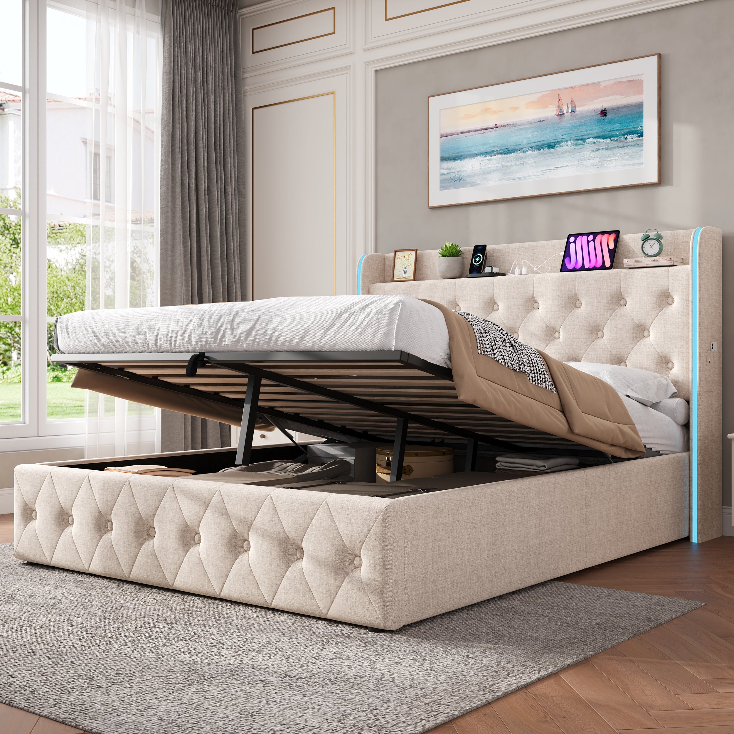 4ft6 Double Upholstered Bed Frame With Hydraulic Storage, LED Headboard With Charging Station And Button-tufted Design, USB And Type-C Ports, Linen, No Box Spring Needed, Beige  No Mattress