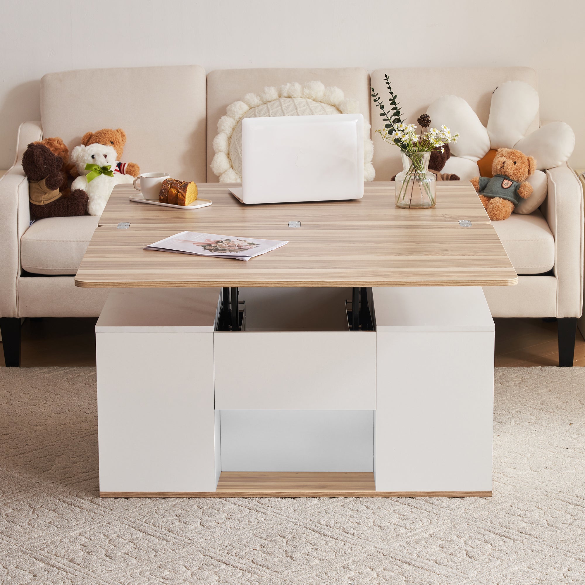 326450455WAANEW  White & Oak Coffee Table With Storage, Lift Up Coffee Table For Living Room, Coffee Table With 2 Drawers Lift-Top Sofa End Tea Tables For Living Room Furniture