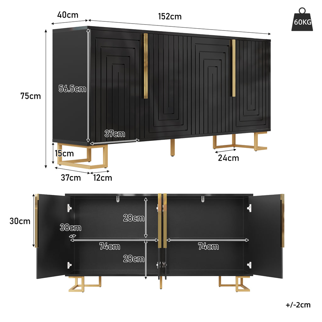 Black Sideboard 152 X 40 X 75 Cm Features A Unique Geometric Design And Gold Handles And Feet For An Elegant Feel